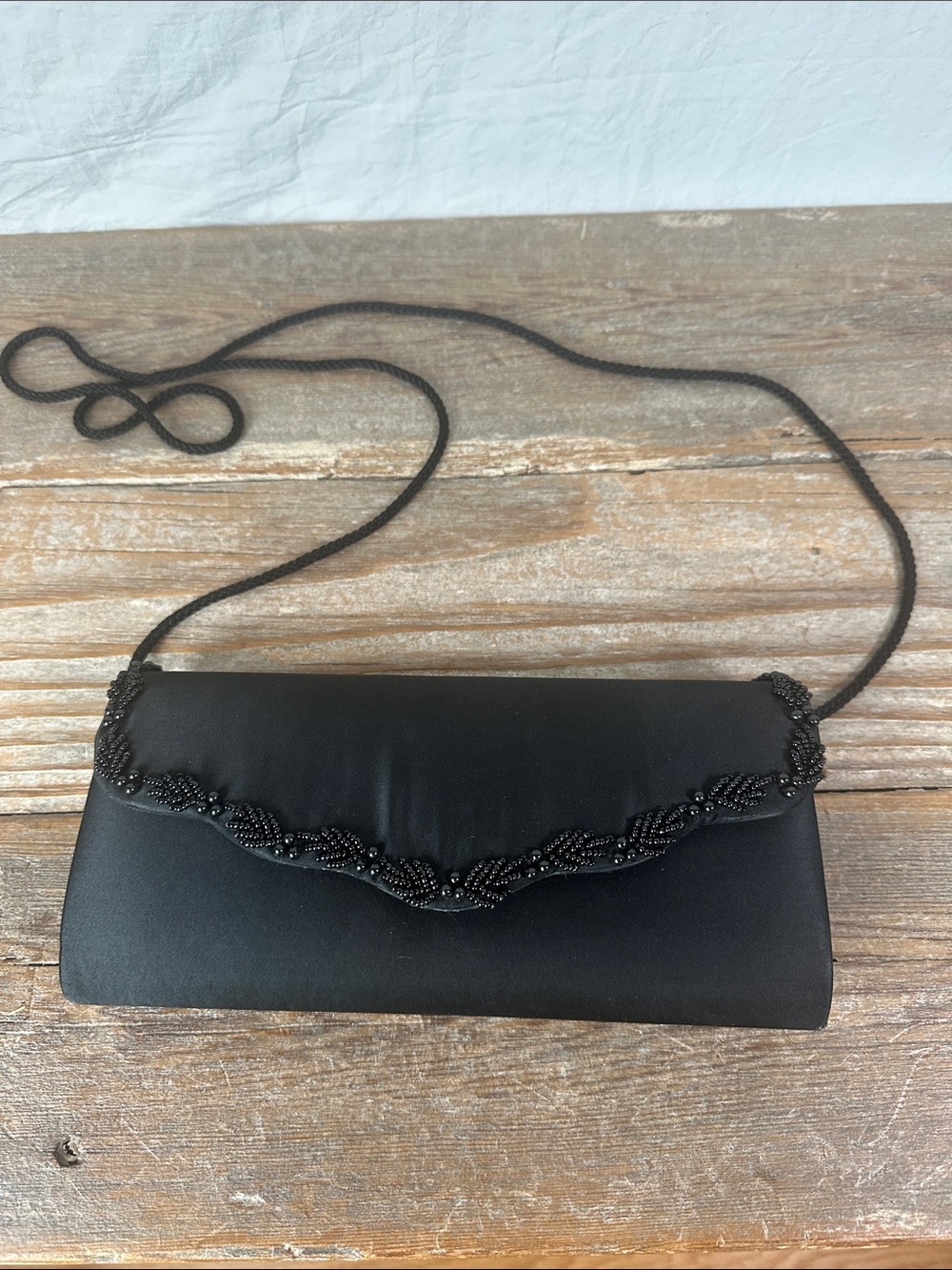 Valerie Stevens Black Beaded Evening Clutch with Shoulder Strap